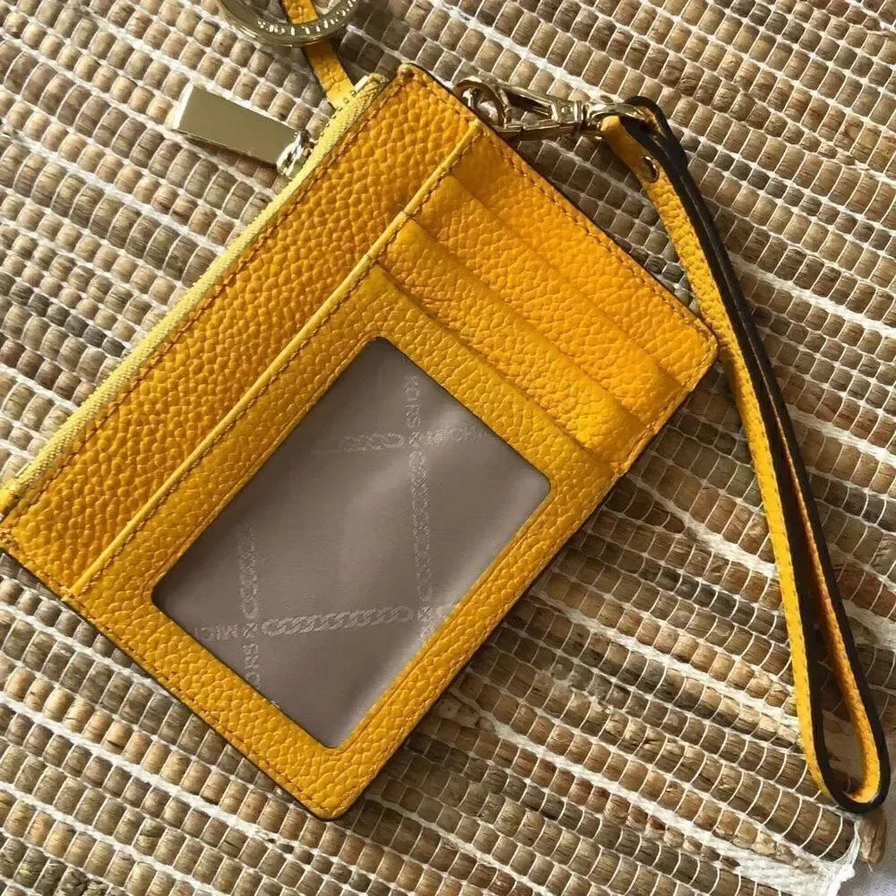 Michael Kors, mustard, pebbled, leather wristlet, credit card, keychain, wallet